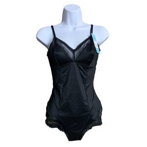 Assets Womens Black Shaping Lace-Trimmed Bodysuit Adjustable Strap Size Medium
